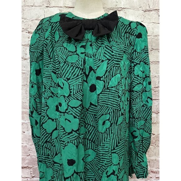 Adrianna Papell Womens Dress Sz 14 Vintage 80s Shift Bow Silk Green Black Floral - Picture 2 of 5